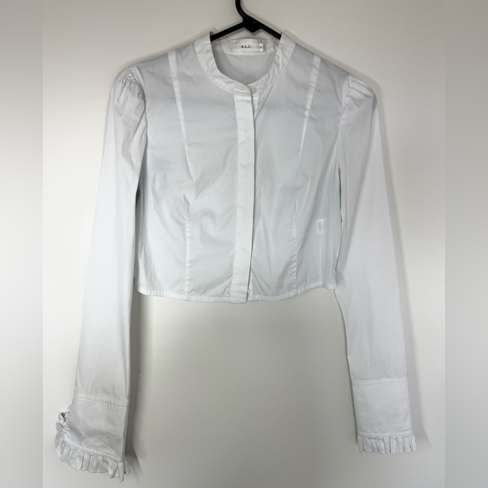 A.L.C. White Ruffle Cuff Cropped Button Front Blouse
